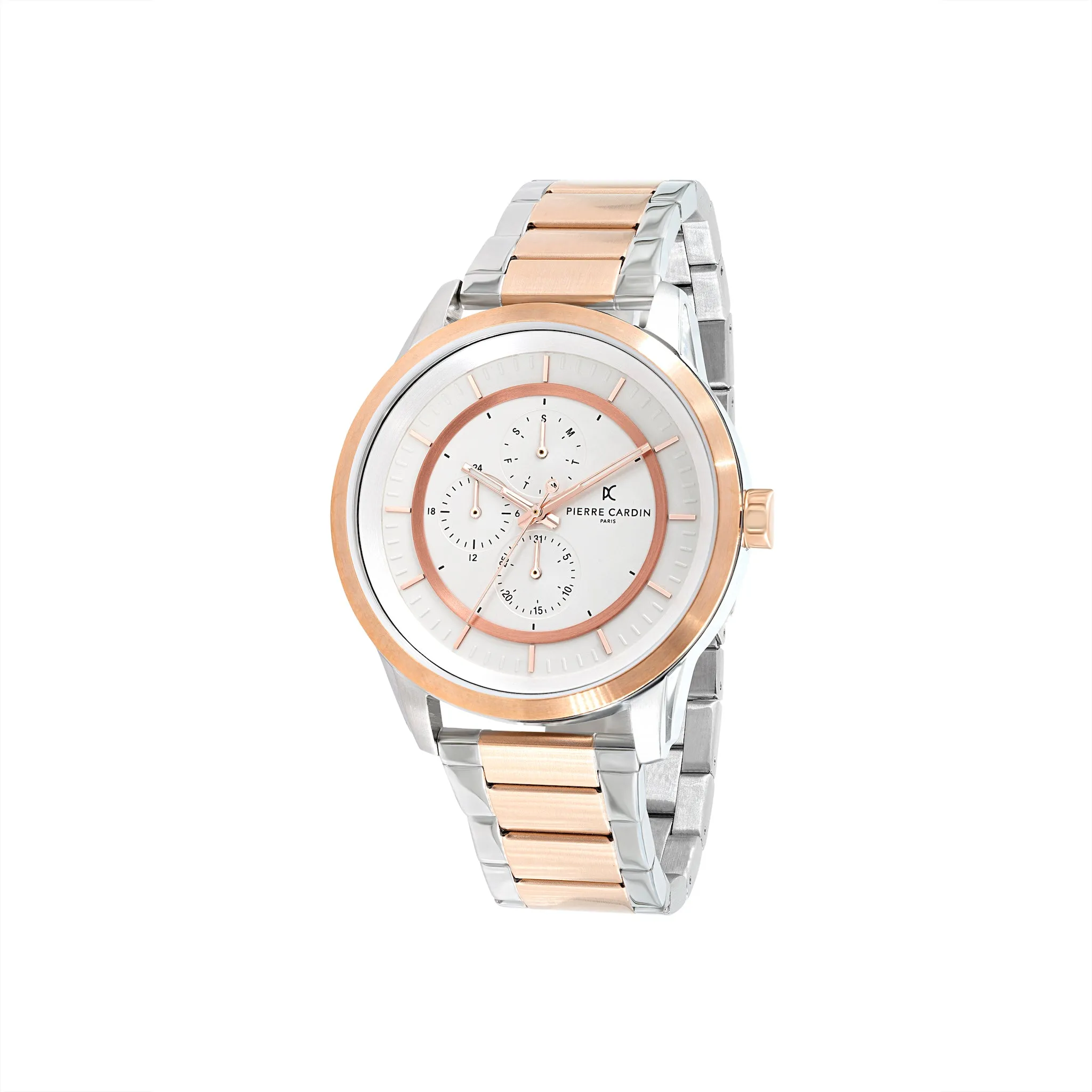 Les Halles White Dial Two Tone Rose Gold and Silver Multifunction Watch with Metal Links Strap