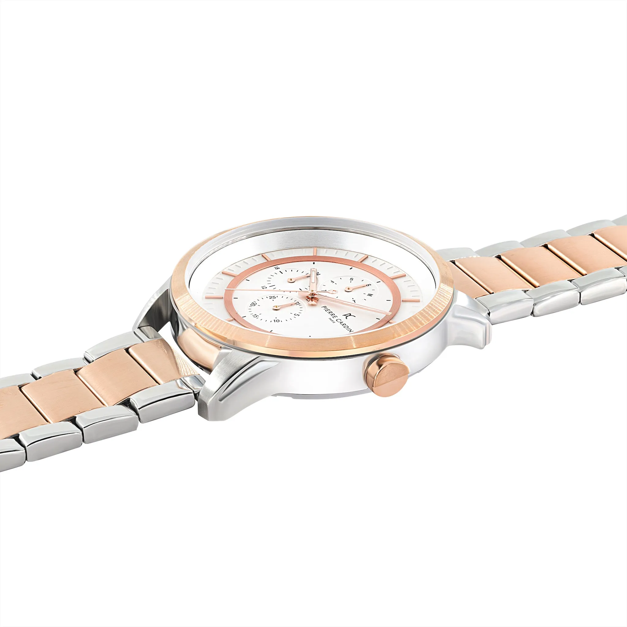 Les Halles White Dial Two Tone Rose Gold and Silver Multifunction Watch with Metal Links Strap