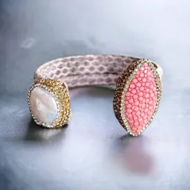 Light Pink Snake Embossed Leather Cuff with Stingray Leather & Pearl Accents