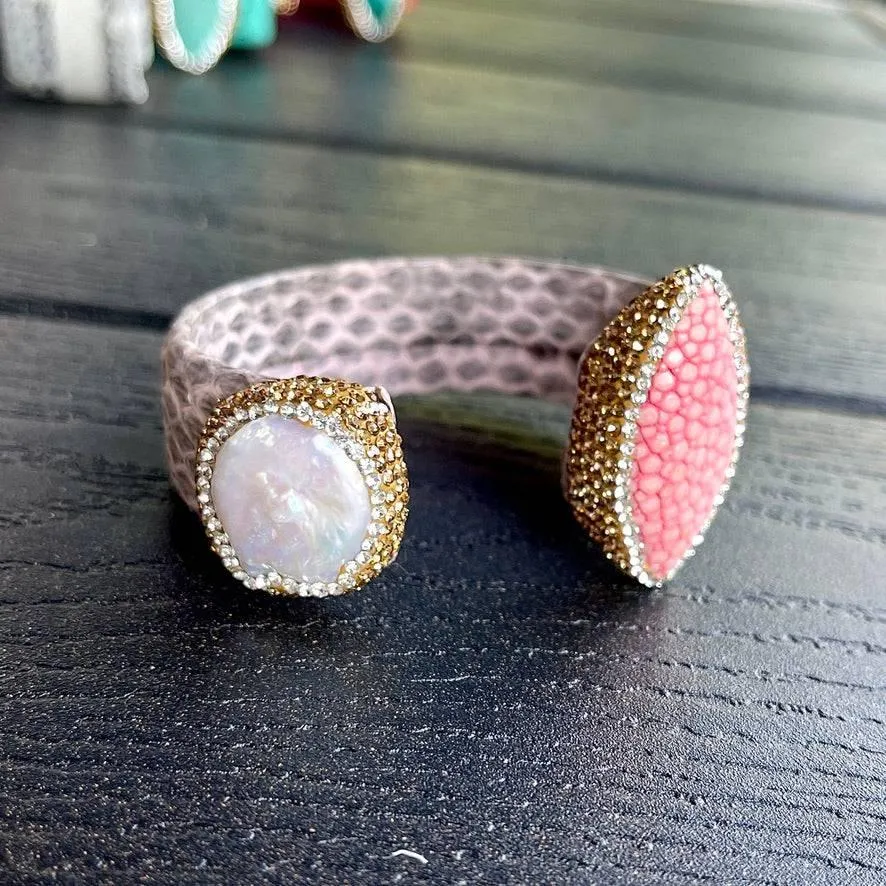 Light Pink Snake Embossed Leather Cuff with Stingray Leather & Pearl Accents