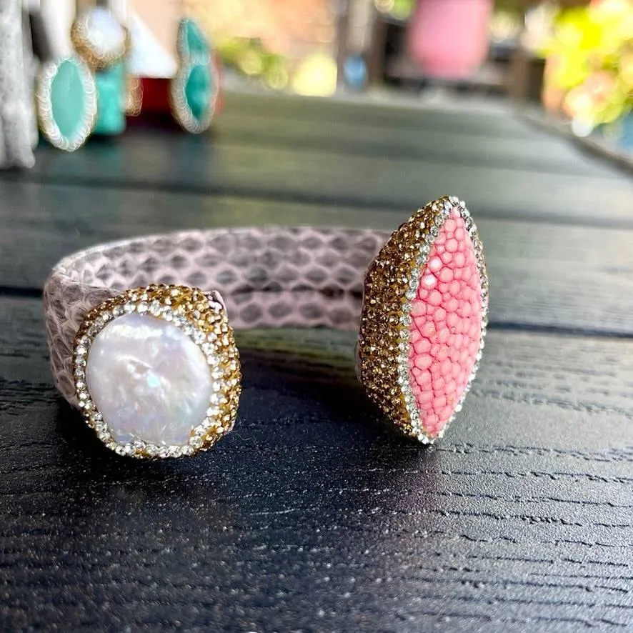 Light Pink Snake Embossed Leather Cuff with Stingray Leather & Pearl Accents