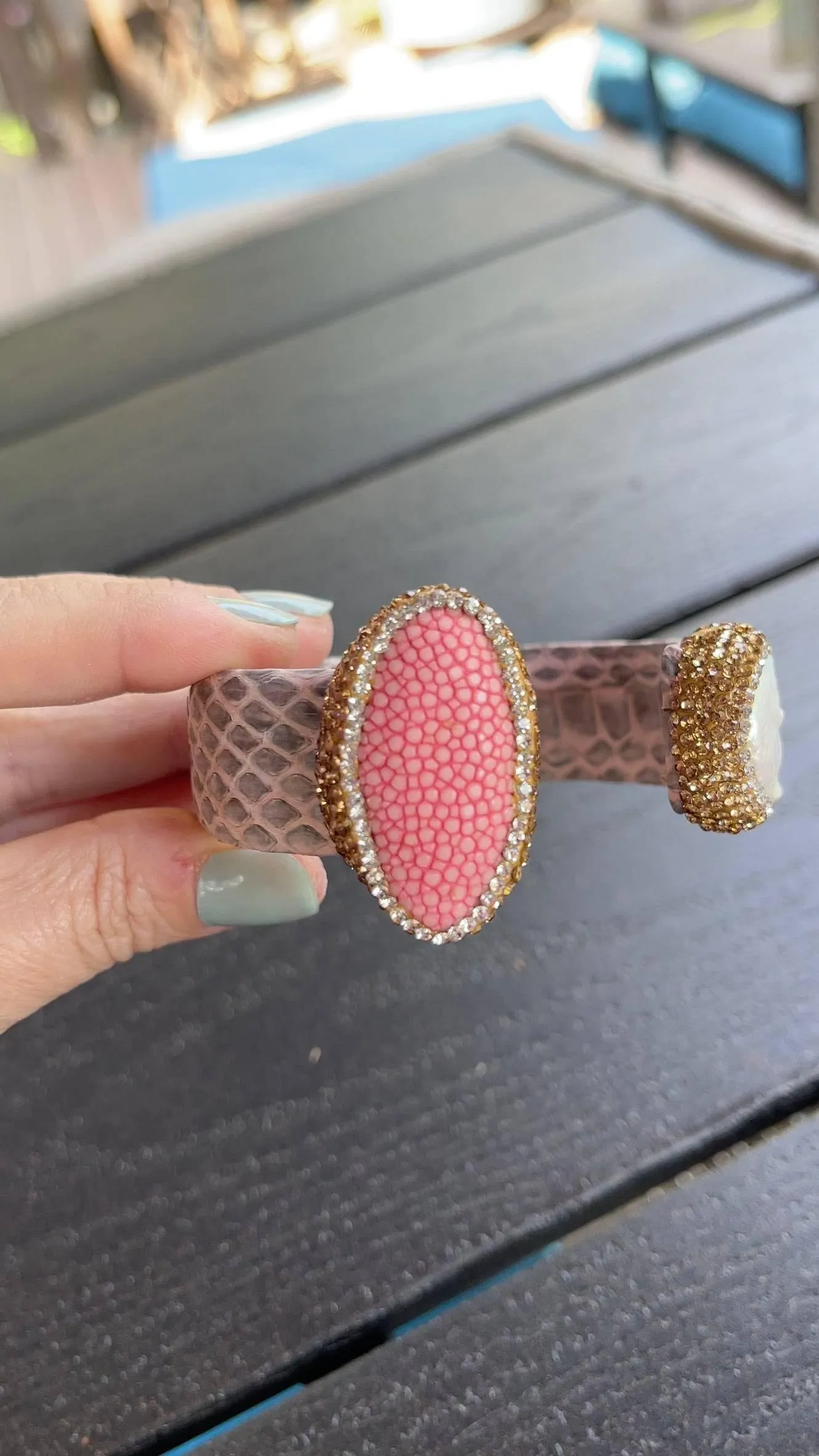 Light Pink Snake Embossed Leather Cuff with Stingray Leather & Pearl Accents