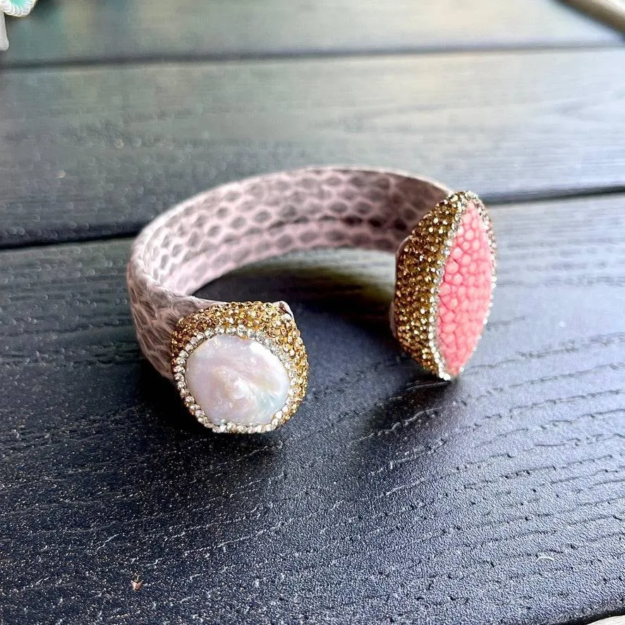 Light Pink Snake Embossed Leather Cuff with Stingray Leather & Pearl Accents