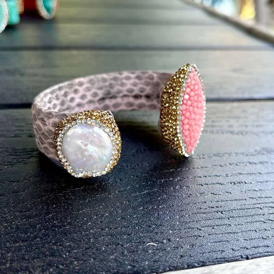 Light Pink Snake Embossed Leather Cuff with Stingray Leather & Pearl Accents