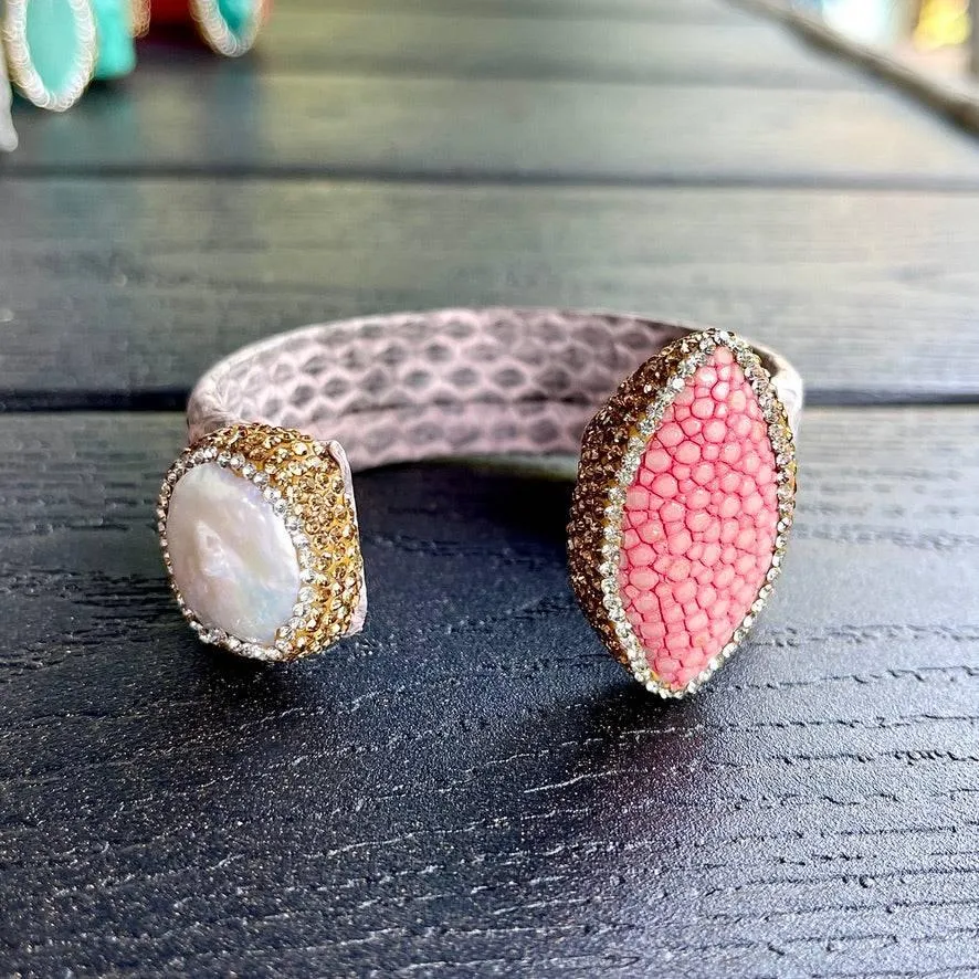 Light Pink Snake Embossed Leather Cuff with Stingray Leather & Pearl Accents
