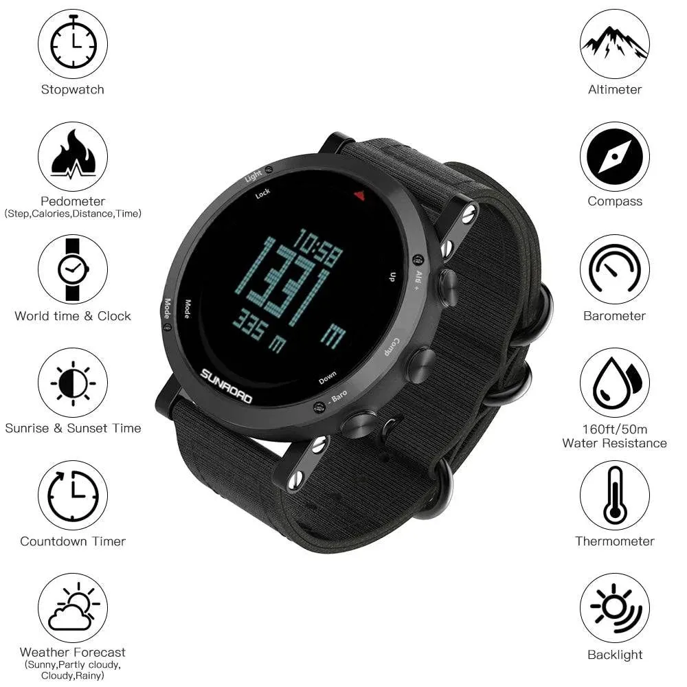 Men Digital Watch Barometer Altimeter Compass Thermometer 50m Waterproof Outdoor Sports Wristwatch for Mountaineering Running