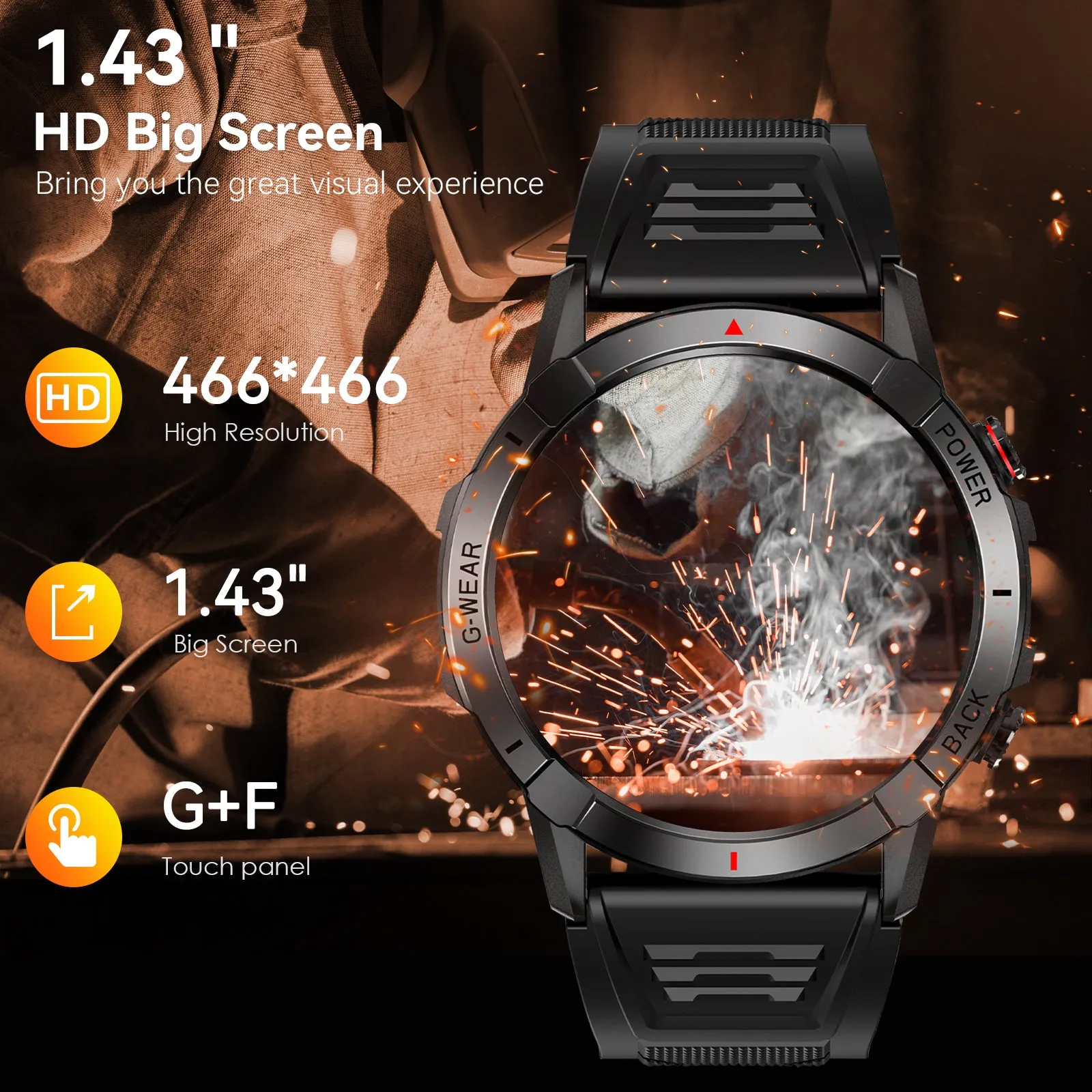 Military Smart Watches for Men with Bluetooth Call 1.43" AMOLED Always On Display Waterproof Rugged Outdoor Tactical Smartwatch with Heart Rate Blood Pressure Sleep Monitor Sports Fitness Watch