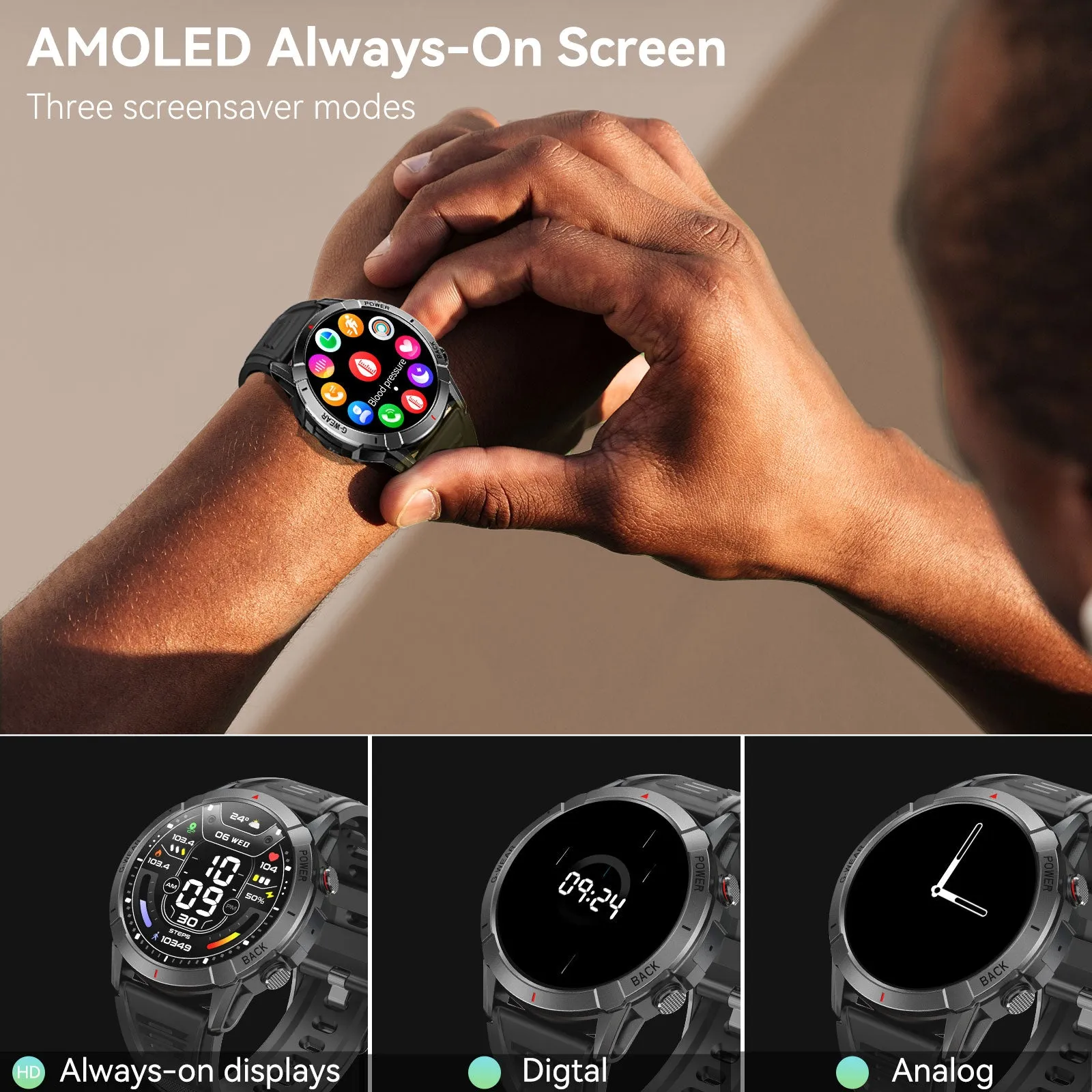Military Smart Watches for Men with Bluetooth Call 1.43" AMOLED Always On Display Waterproof Rugged Outdoor Tactical Smartwatch with Heart Rate Blood Pressure Sleep Monitor Sports Fitness Watch