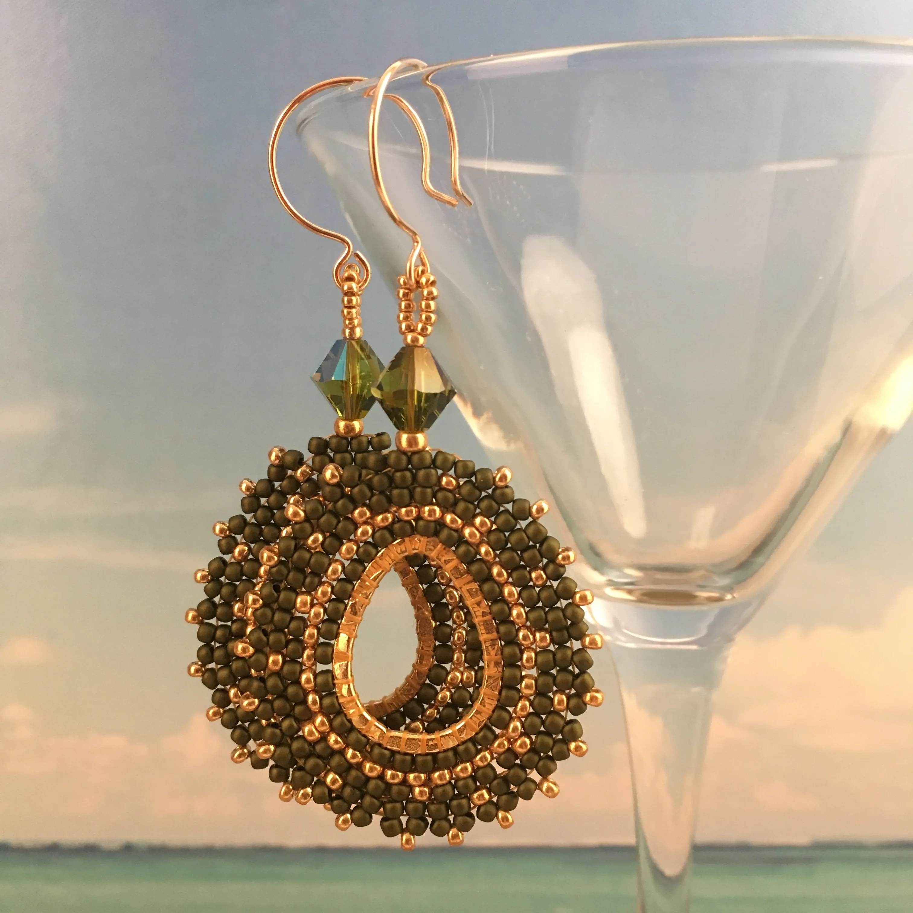 Olive Green and Gold Oval Hoop Beaded Earrings with Swarovski™ Crystals