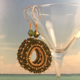 Olive Green and Gold Oval Hoop Beaded Earrings with Swarovski™ Crystals