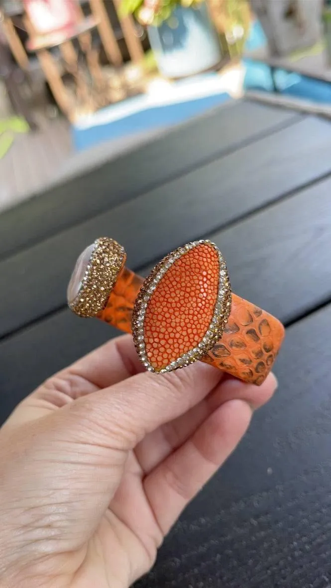 Orange Snake Embossed Leather Cuff with Stingray Leather & Pearl Accents