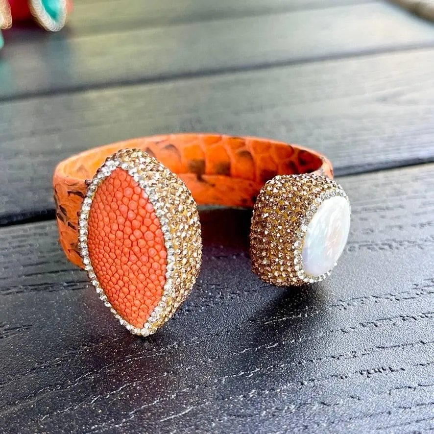 Orange Snake Embossed Leather Cuff with Stingray Leather & Pearl Accents