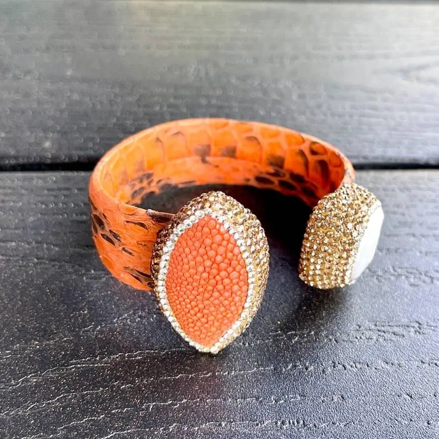 Orange Snake Embossed Leather Cuff with Stingray Leather & Pearl Accents