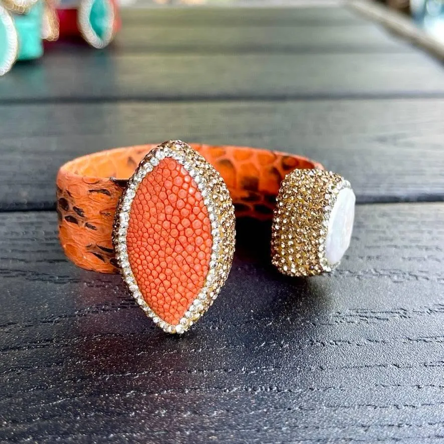 Orange Snake Embossed Leather Cuff with Stingray Leather & Pearl Accents