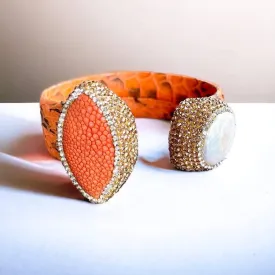 Orange Snake Embossed Leather Cuff with Stingray Leather & Pearl Accents