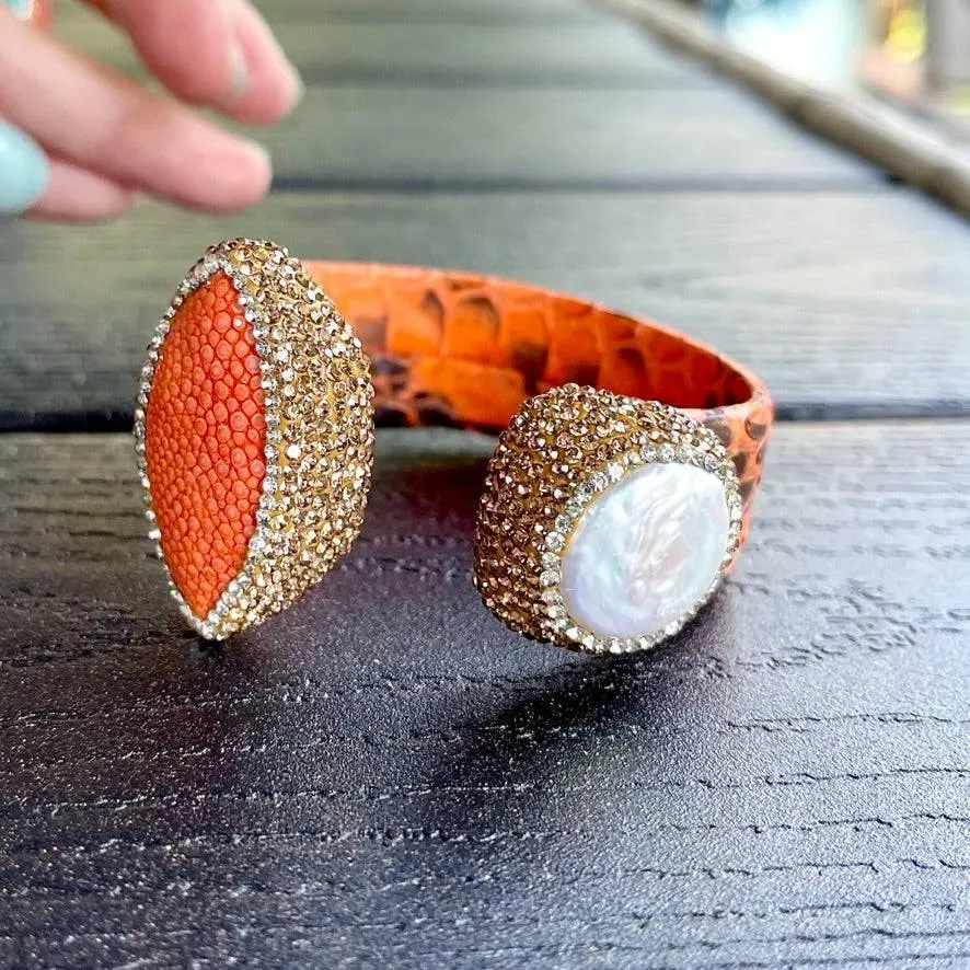Orange Snake Embossed Leather Cuff with Stingray Leather & Pearl Accents
