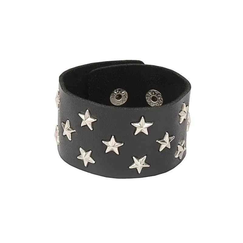 Punk Leather Bracelet for 90s Men Women Rivet Cuff Bangle Bracelet Adjustable Black Leather Wristband Metal Studded Jewelry Gift