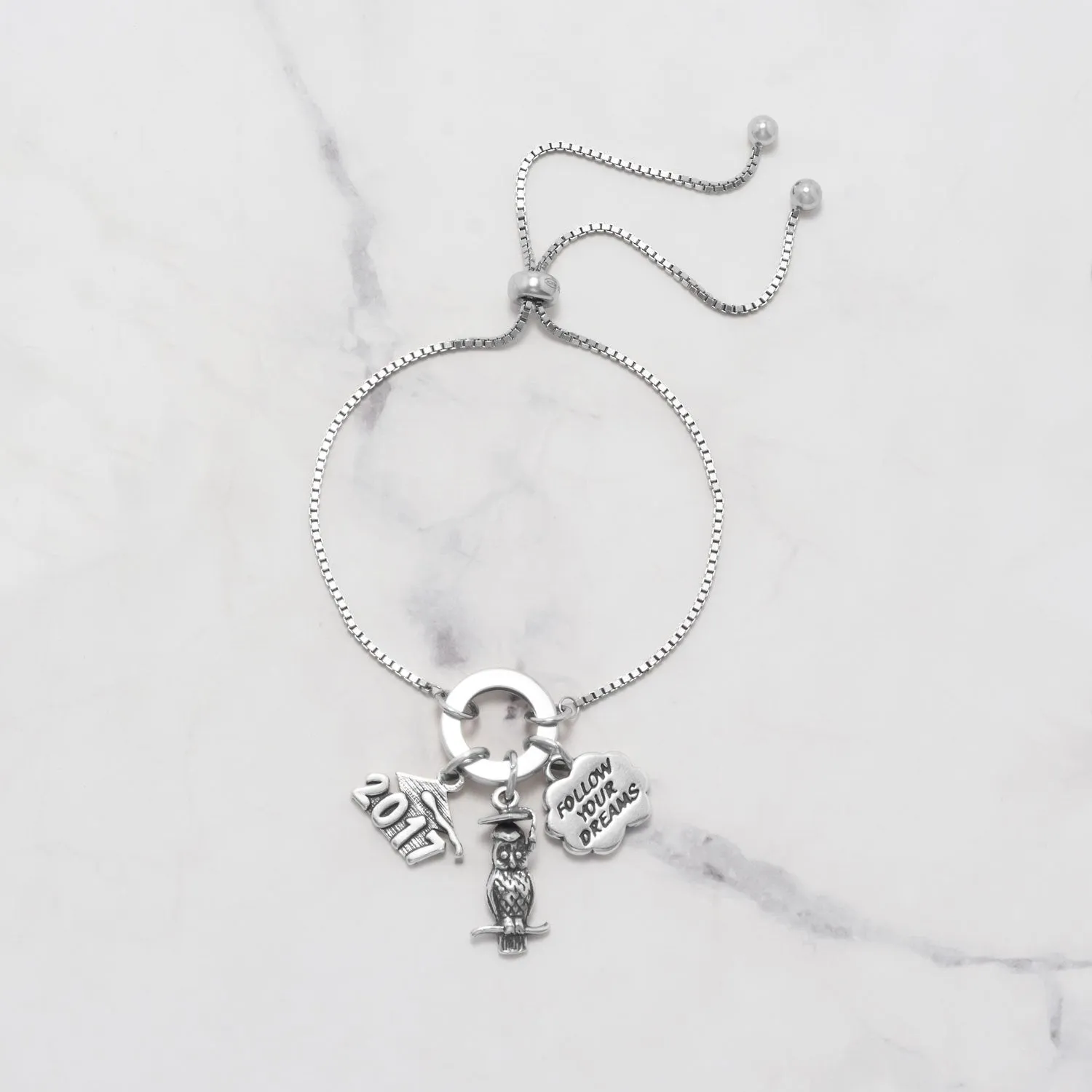 Rhodium Plated Adjustable Circle Hinge Charm Capable Bolo Bracelet