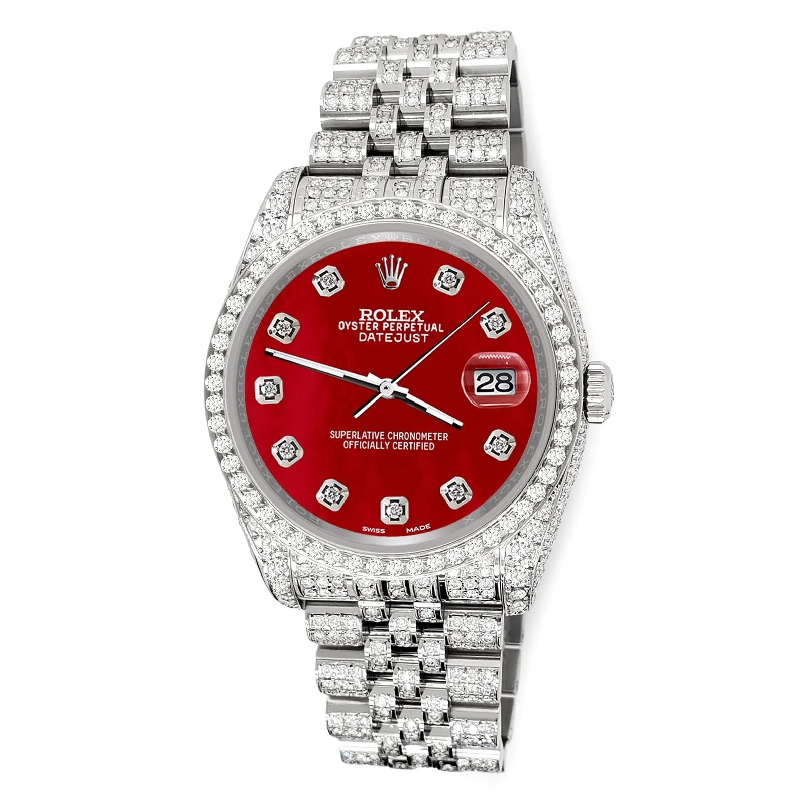 Rolex Datejust 36mm 10.2ct Iced Diamond Red MOP Jubilee Watch TFJ-142508335