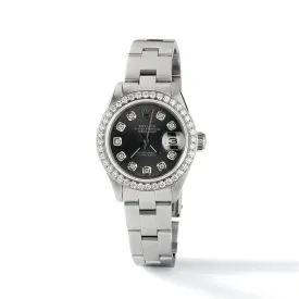 Rolex Datejust Ladies 26mm Diamond Bezel/Black Raven Dial Oyster Steel Watch TFJ-142508042