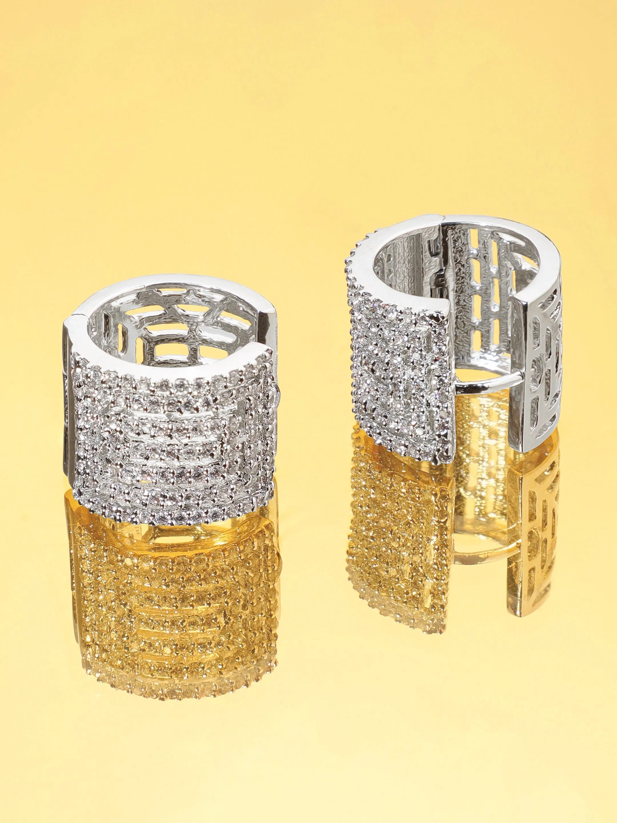 Rubans Rhodium plated Crystal zirconia Geometric Chic Demii-Fine Huggie Hoop Earrings