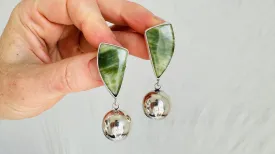 Serpentine and Silver Sphere Earrings. Handmade Designer Sterling Jewelry. 4195