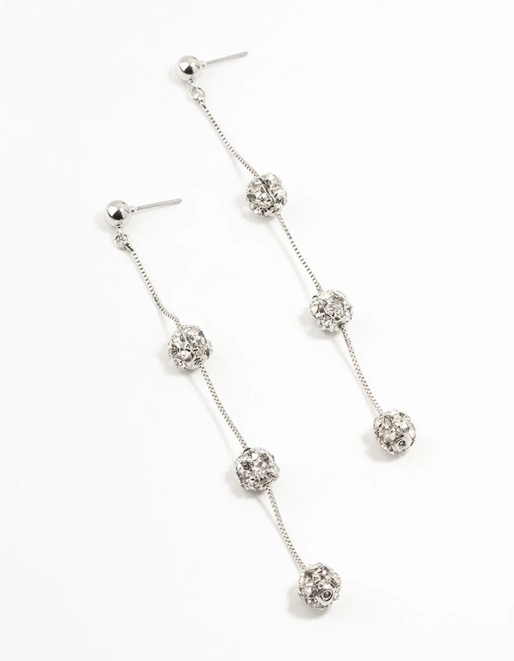 Silver 3 Row Diamante Ball Drop Earrings