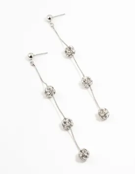 Silver 3 Row Diamante Ball Drop Earrings