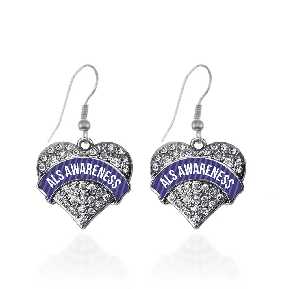 Silver ALS Awareness Pave Heart Charm Dangle Earrings