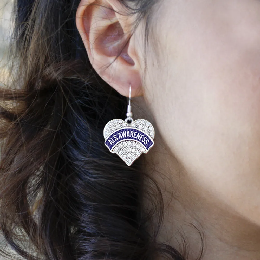 Silver ALS Awareness Pave Heart Charm Dangle Earrings