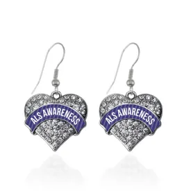Silver ALS Awareness Pave Heart Charm Dangle Earrings