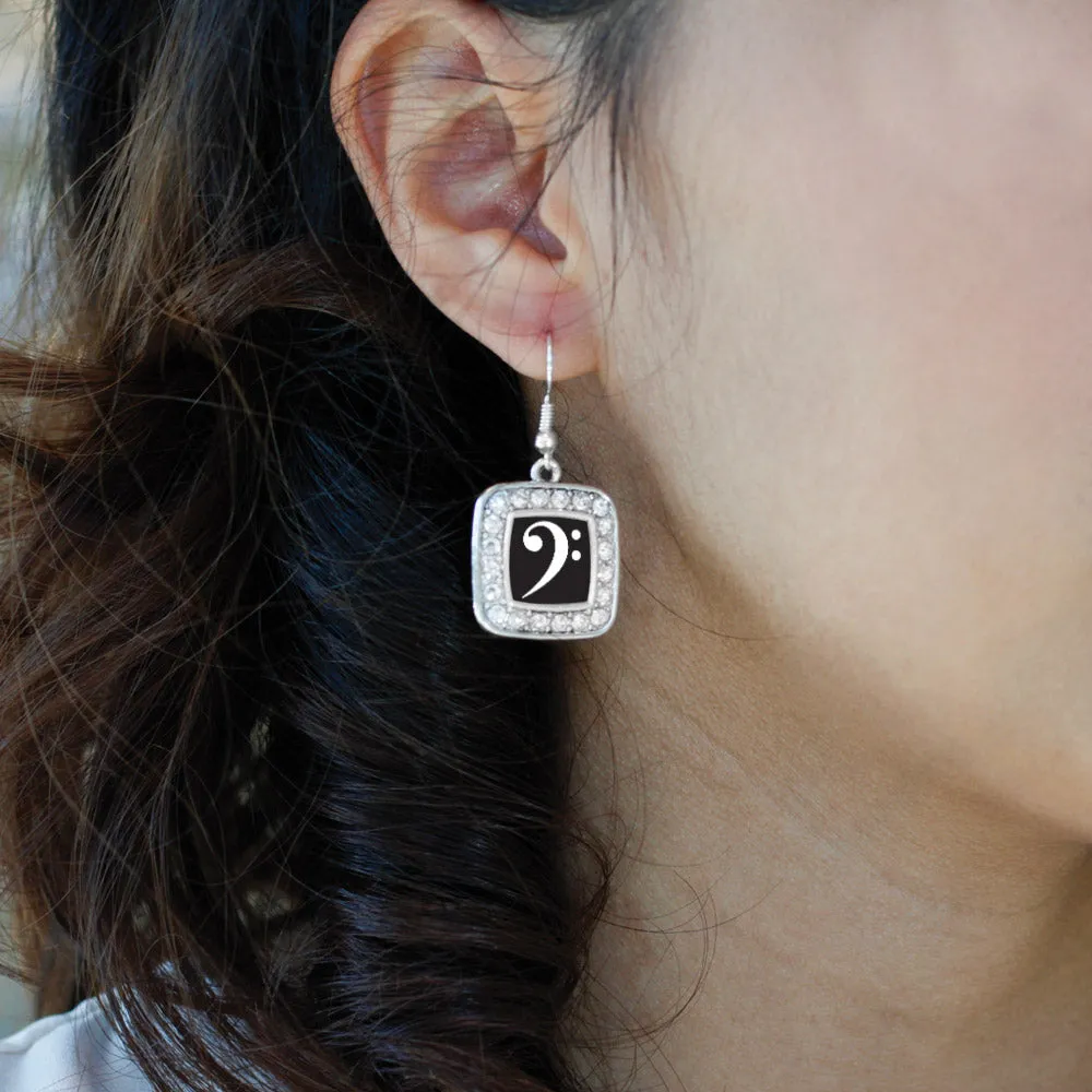 Silver Bass Clef Square Charm Dangle Earrings
