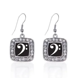 Silver Bass Clef Square Charm Dangle Earrings