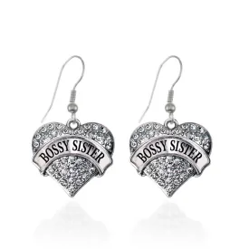 Silver Bossy Sister Pave Heart Charm Dangle Earrings