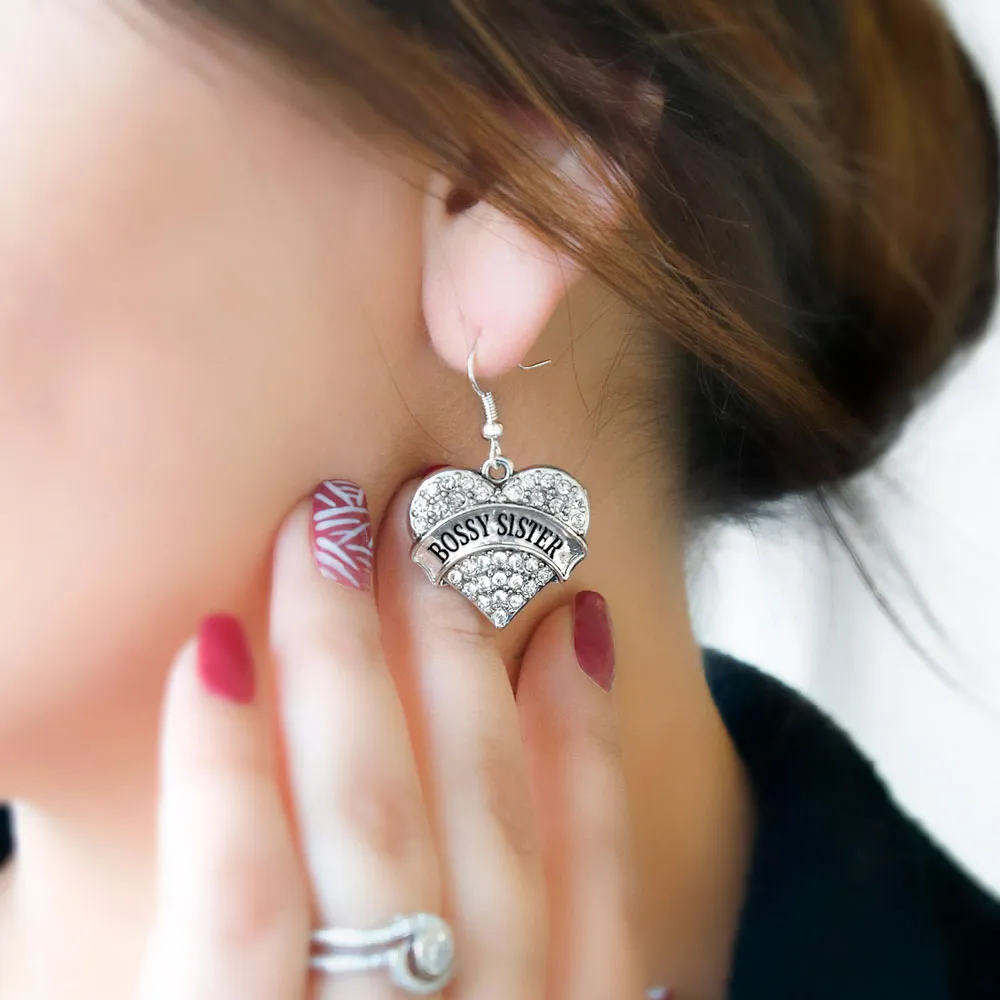 Silver Bossy Sister Pave Heart Charm Dangle Earrings