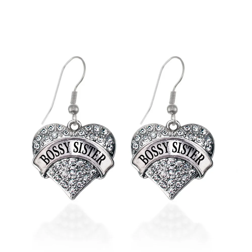 Silver Bossy Sister Pave Heart Charm Dangle Earrings
