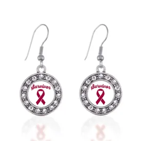 Silver Burgundy Ribbon Survivor Circle Charm Dangle Earrings
