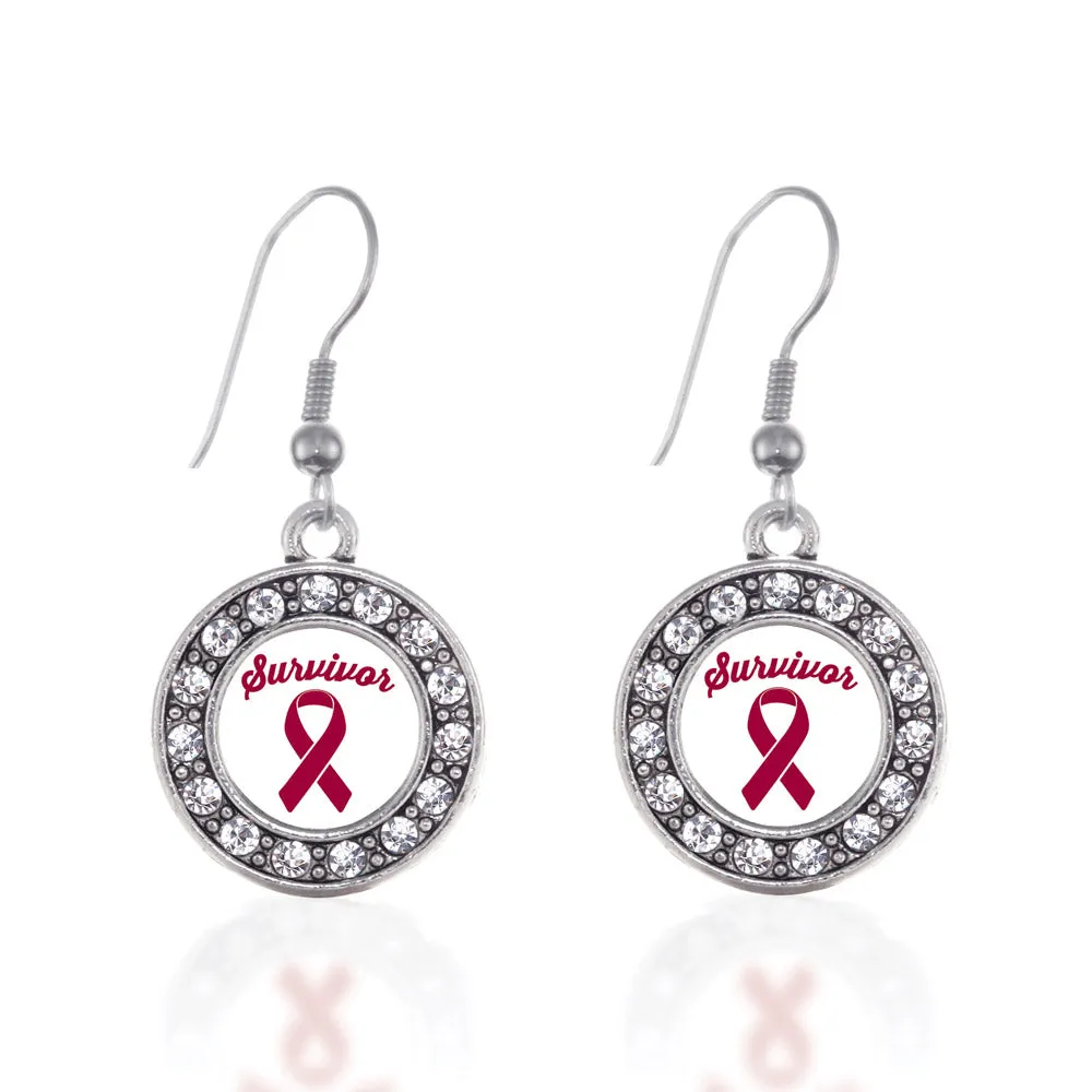 Silver Burgundy Ribbon Survivor Circle Charm Dangle Earrings