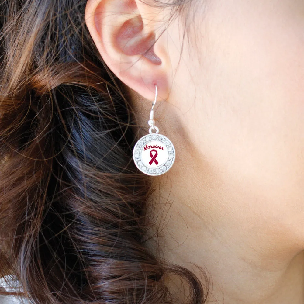 Silver Burgundy Ribbon Survivor Circle Charm Dangle Earrings