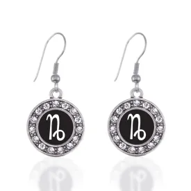 Silver Capricorn Zodiac Circle Charm Dangle Earrings