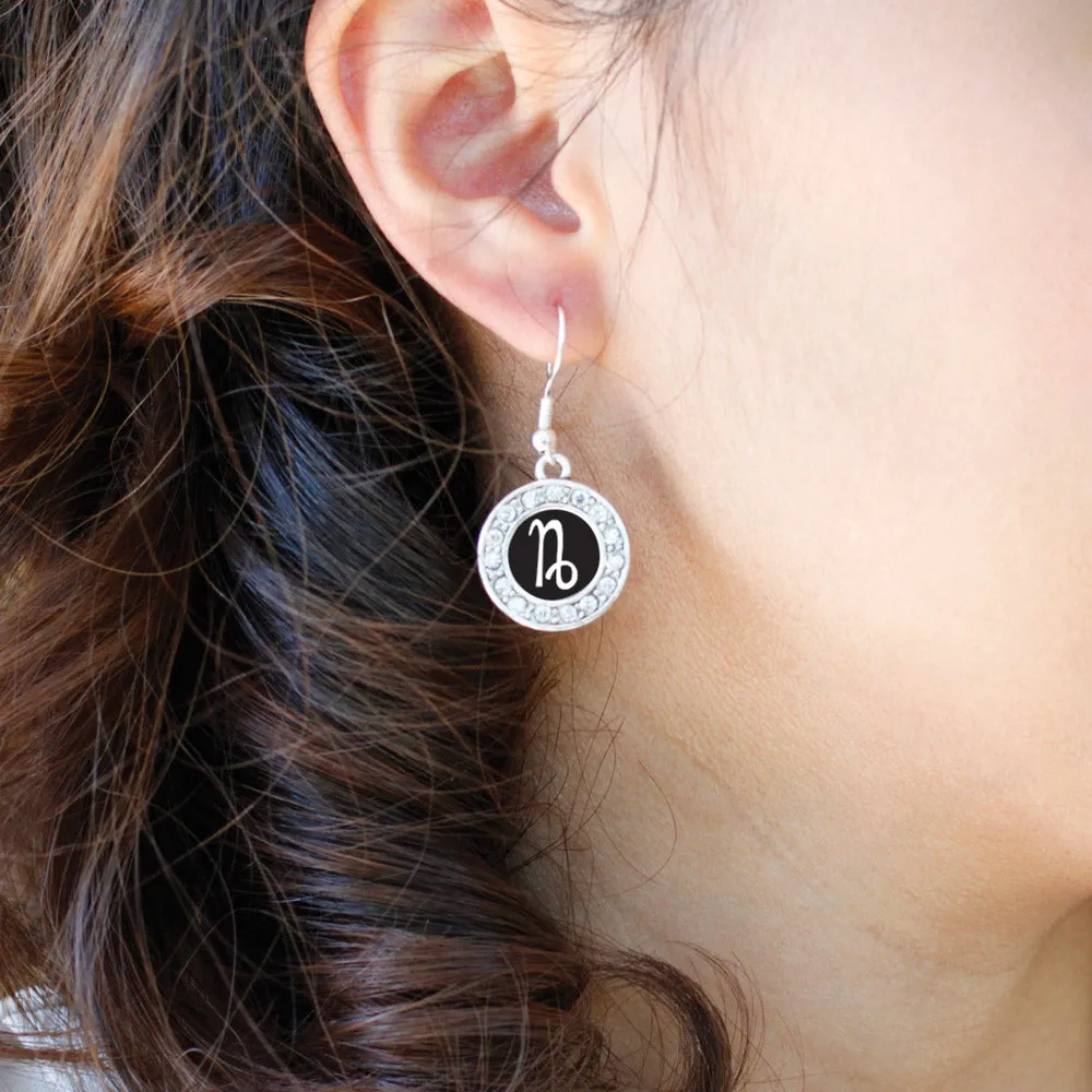 Silver Capricorn Zodiac Circle Charm Dangle Earrings