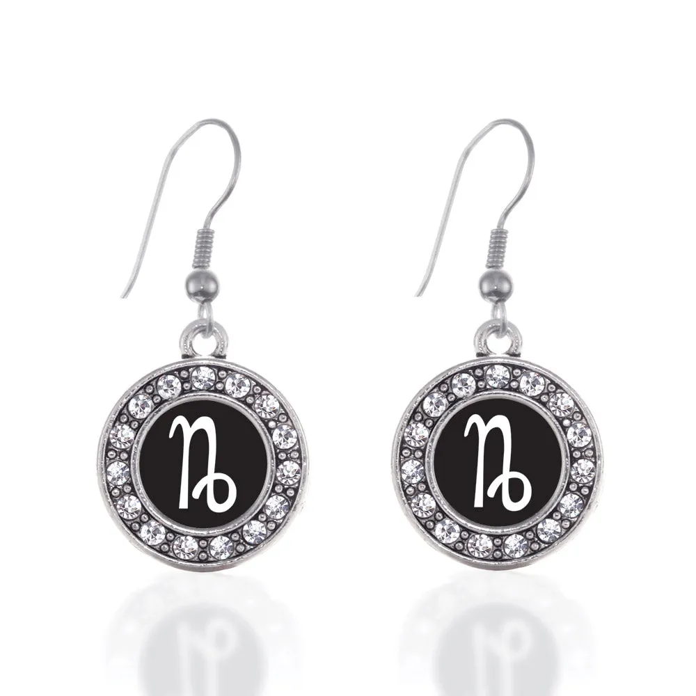 Silver Capricorn Zodiac Circle Charm Dangle Earrings