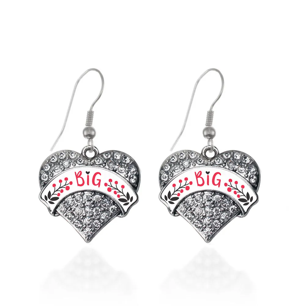 Silver Cardinal Red and Black Big Pave Heart Charm Dangle Earrings