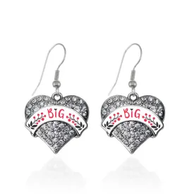 Silver Cardinal Red and Black Big Pave Heart Charm Dangle Earrings