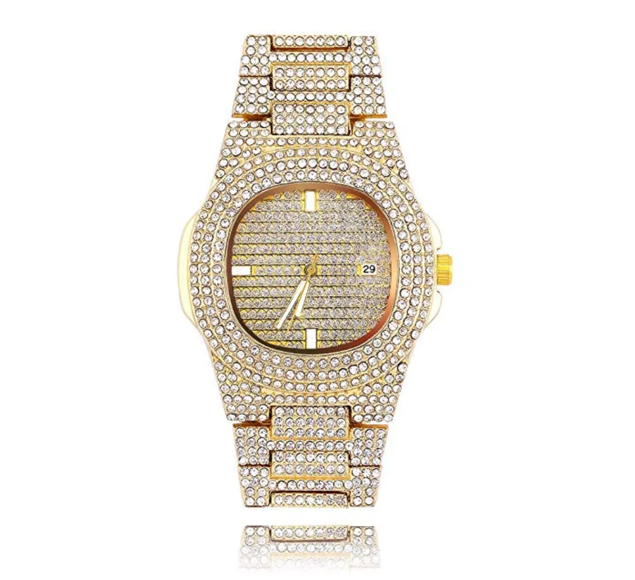 Silver Color Watch Simulated Diamond Watch Luxury Hip Hop Bling Bust Down Watch Iced Out Bling Watch