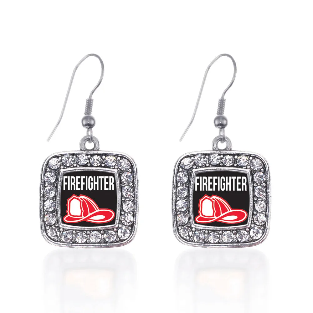 Silver Firefighter Square Charm Dangle Earrings