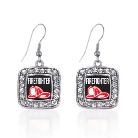 Silver Firefighter Square Charm Dangle Earrings