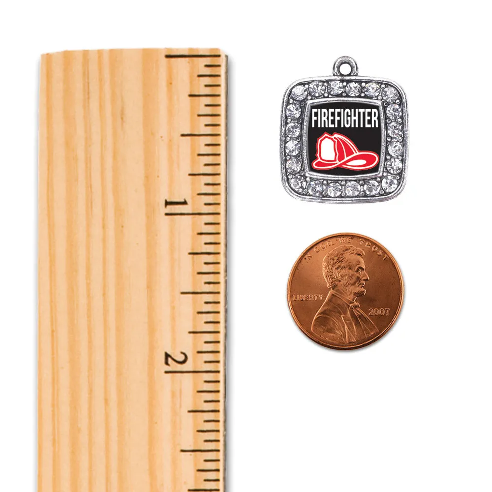 Silver Firefighter Square Charm Dangle Earrings