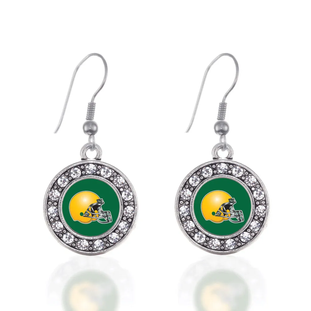 Silver Green and Yellow Team Helmet Circle Charm Dangle Earrings