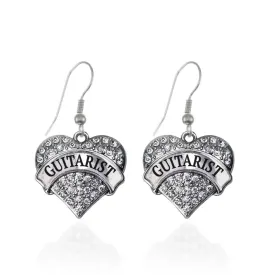 Silver Guitarist Pave Heart Charm Dangle Earrings